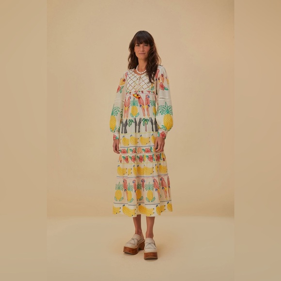 Dresses & Skirts - Farm Rio Off-White Tropicolors Yoke Embroidered Midi Dress